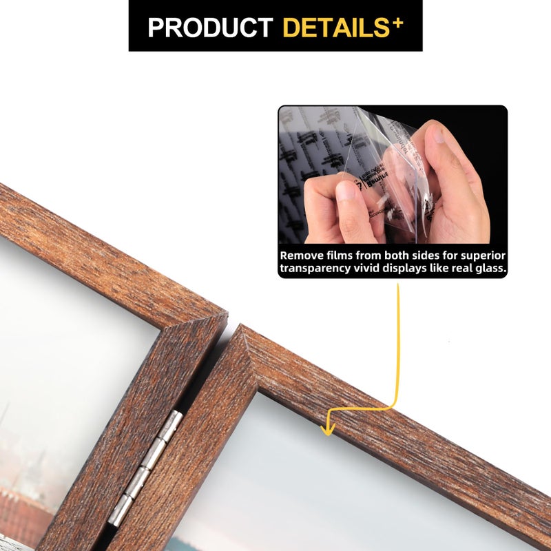 Forev 4x6 Double Picture Frame Wooden Hinged Photo Frame Definition Glass Stand Vertically on Desktop or Tabletop Rustic Wood - Image 4